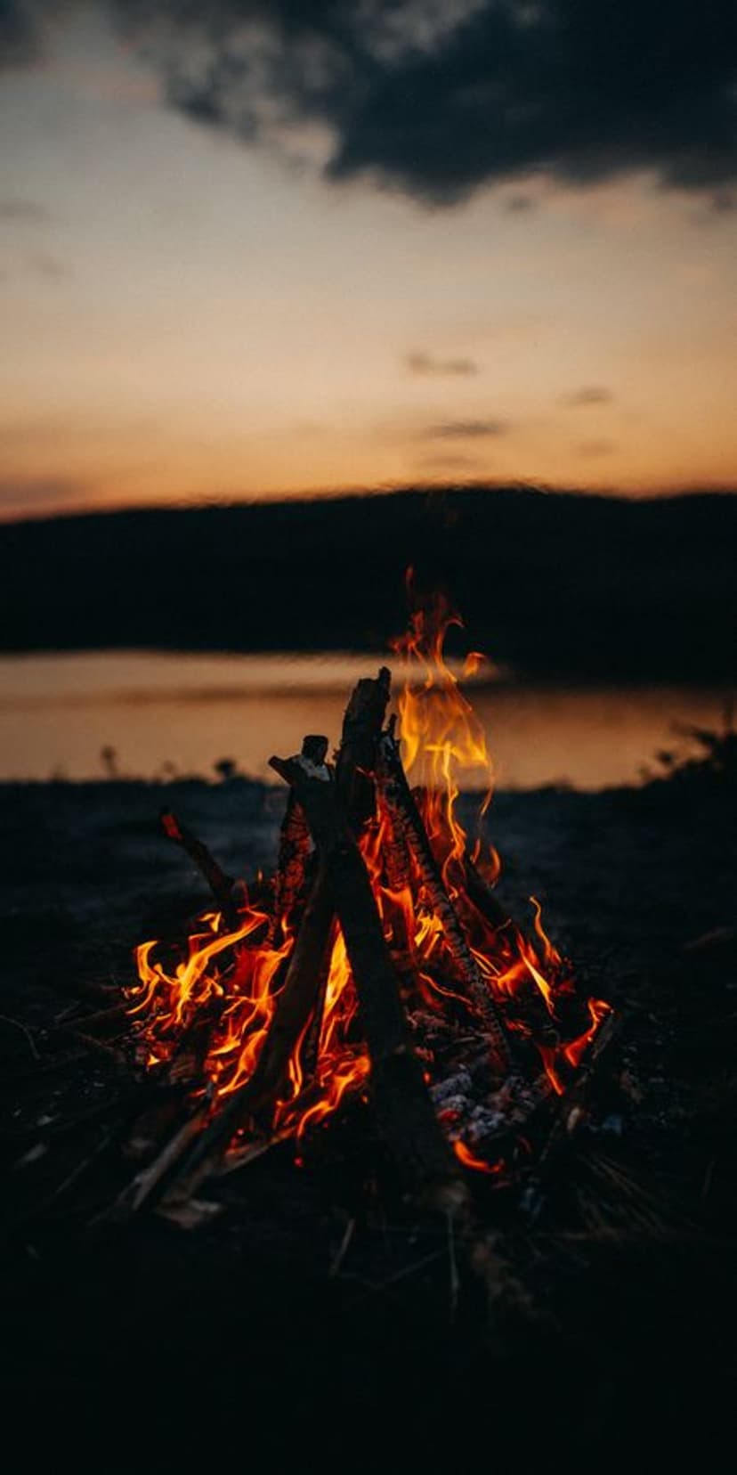 Crackling orange bonfire burns on a rocky shore with light reflecting on the water at dusk under a purple sky.