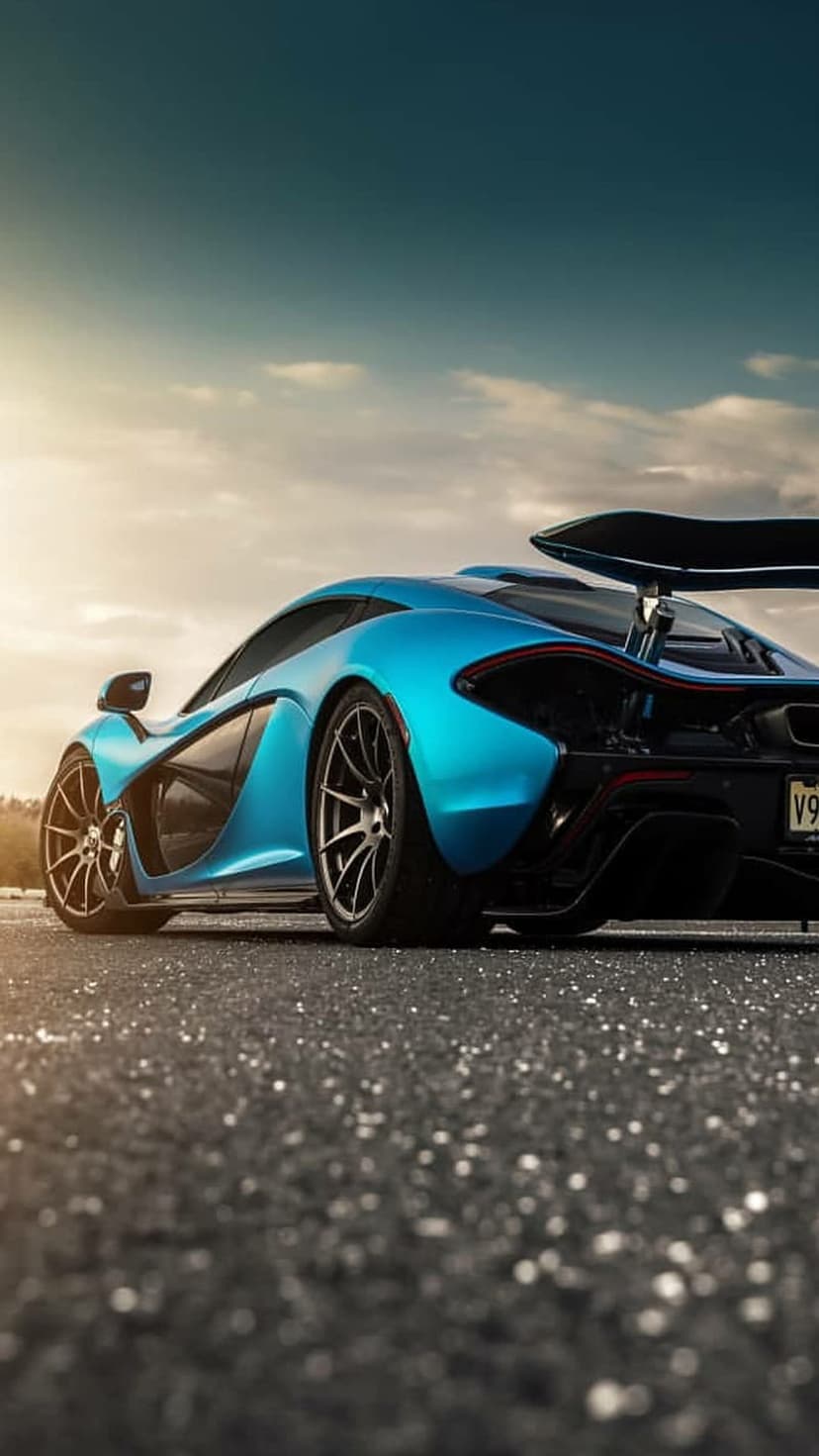 Blue McLaren P1 supercar with a large rear spoiler parked on an asphalt road under a dusky, cloudy sky.