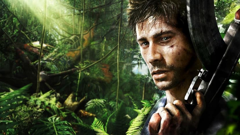 Man with a scarred face holding a rifle in a dense green jungle with sunlight and plane wreckage.