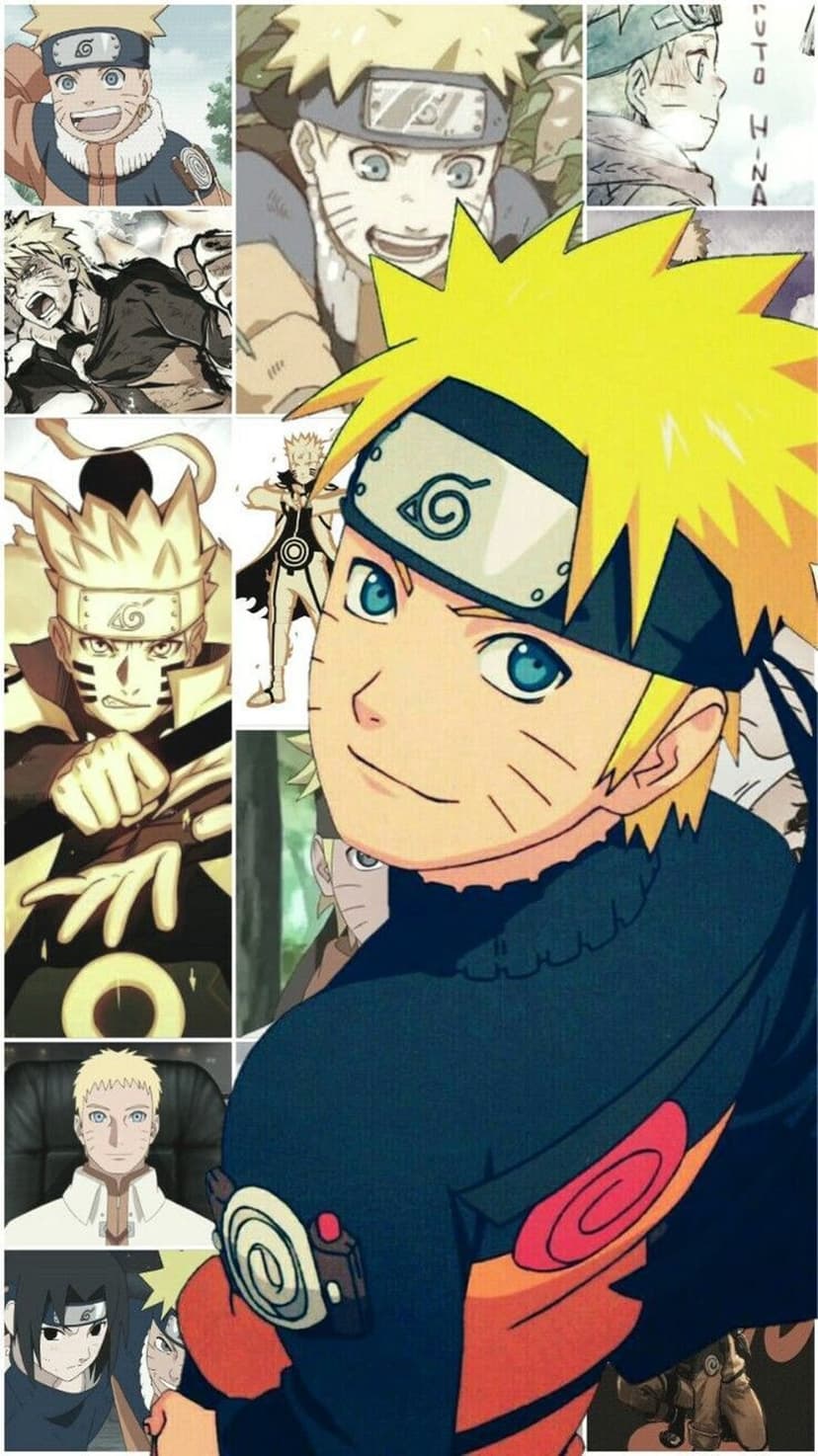 Naruto Uzumaki stands alongside Sasuke Uchiha in a multi-frame vertical layout featuring blue energy and orange glows.