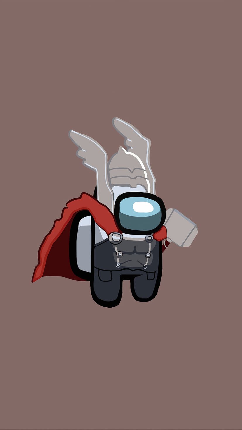 Among Us crewmate wearing a Thor costume with a red cape, winged helmet, and silver hammer on a dark background.