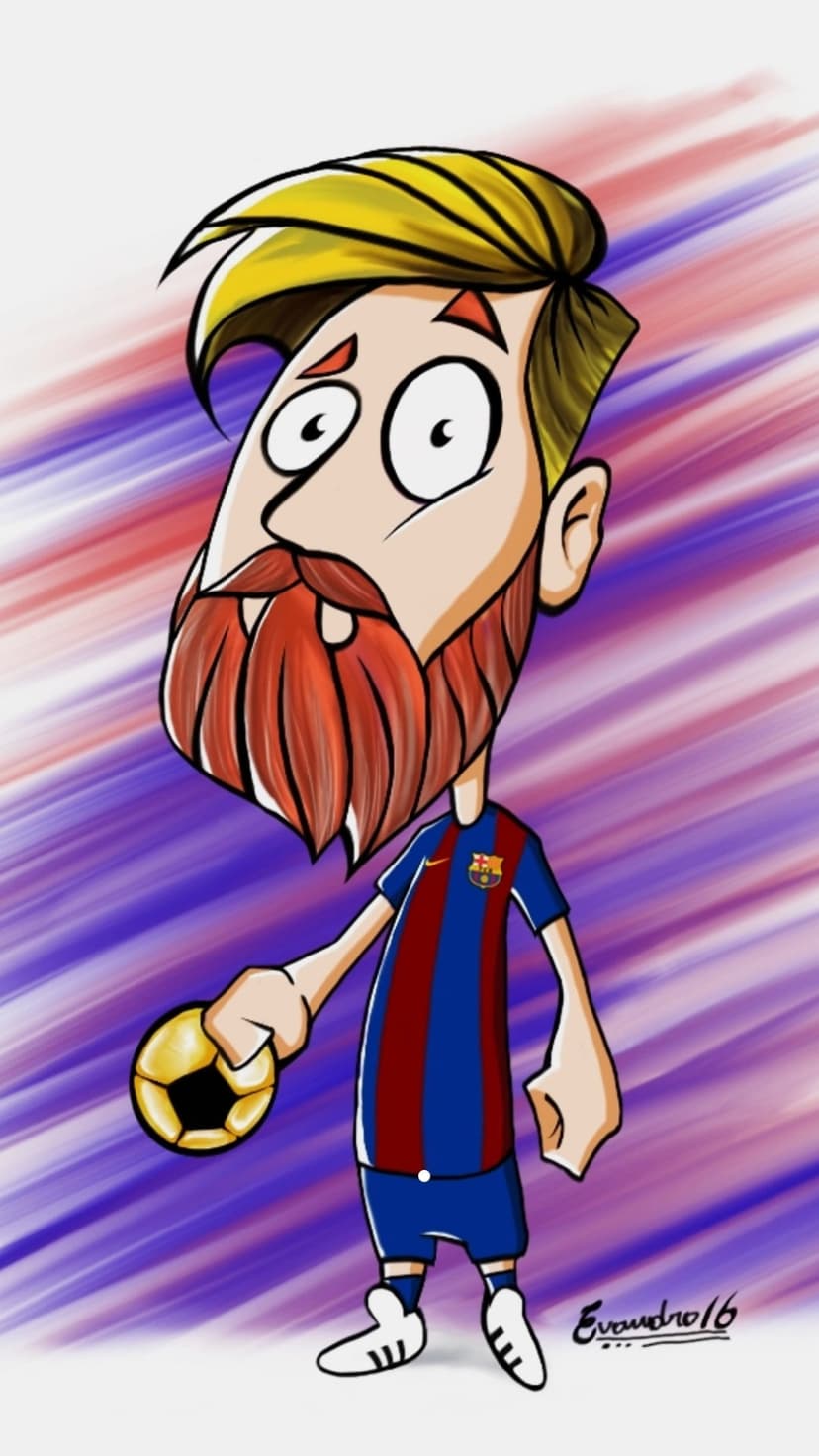 Lionel Messi with blond hair and a beard holds a golden soccer ball against a red and blue swirl background.