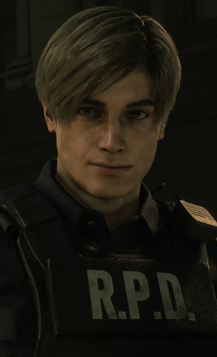Leon Kennedy wearing an R.P.D. tactical vest with a subtle smirk in cinematic lighting.