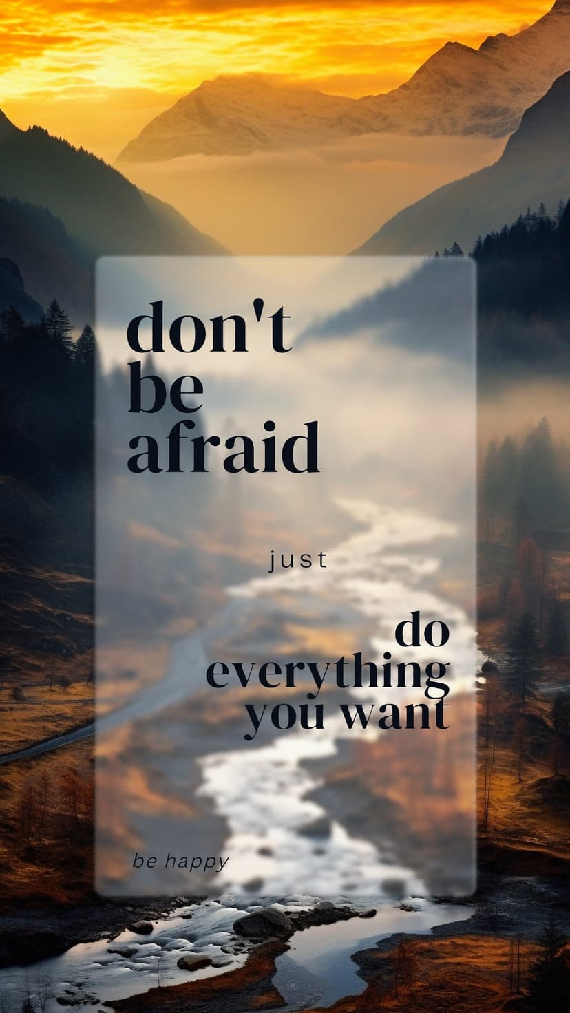Jagged mountain ridges rising above a foggy valley at dawn with a white text quote centered in the hazy sky.