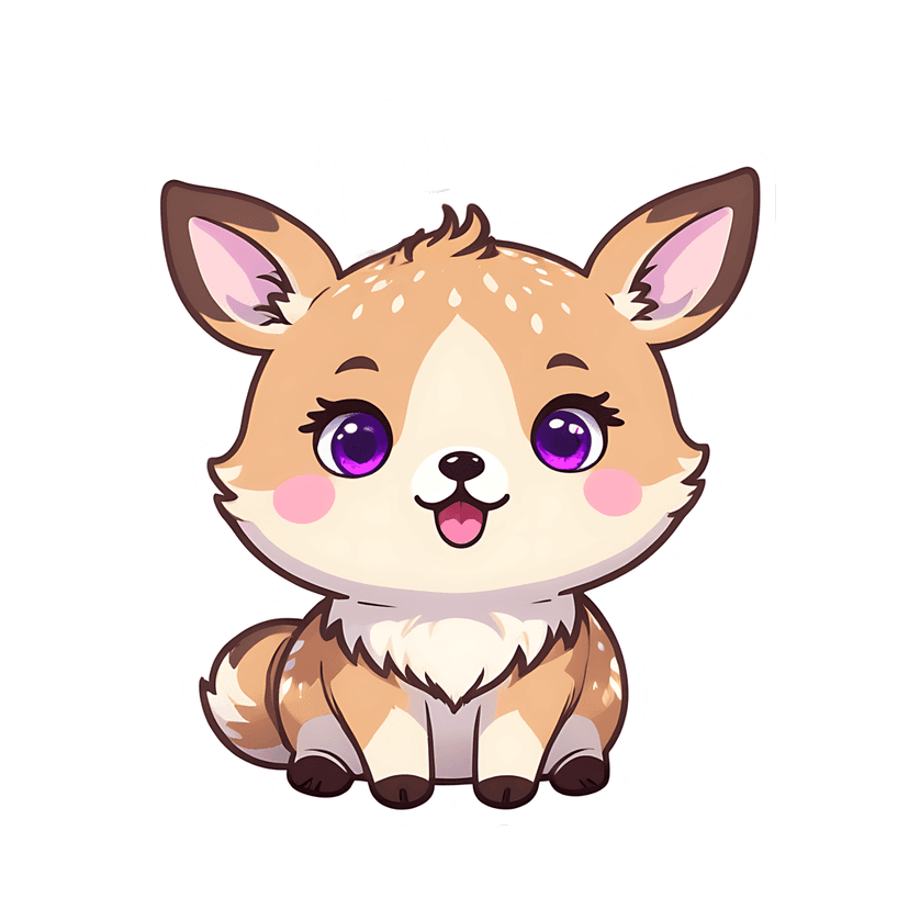 Beige spotted deer sticker with large purple eyes and an open-mouthed smile features a thick white outline.