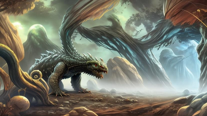 Green dragon with sharp teeth emerges from thick fog among twisted trees and a distant robed wizard figure.