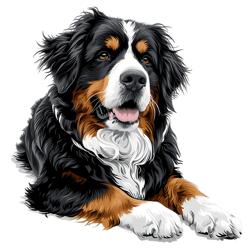 Bernese Mountain Dog digital portrait with thick tri-color fur lying down against a solid black background.