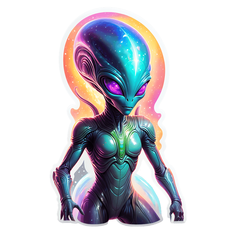 Extraterrestrial alien sticker featuring purple eyes and an orange glowing halo against a dark starry background.