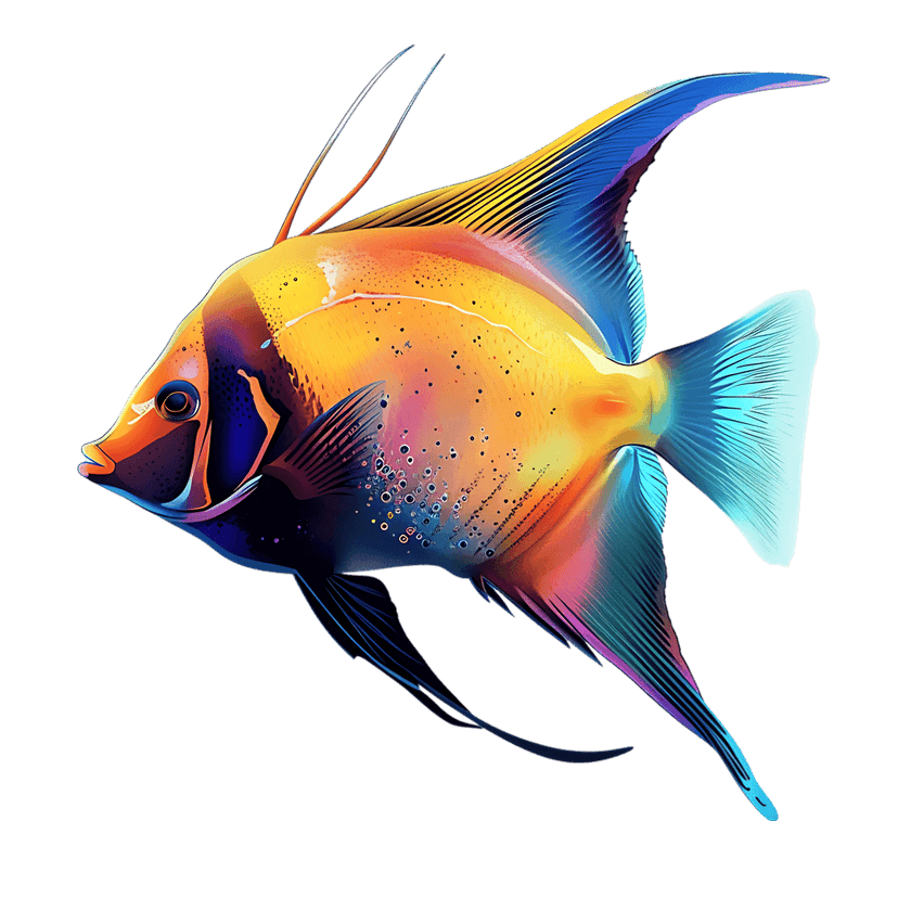 Angelfish digital illustration displays iridescent neon scales and flowing fins against a black background.