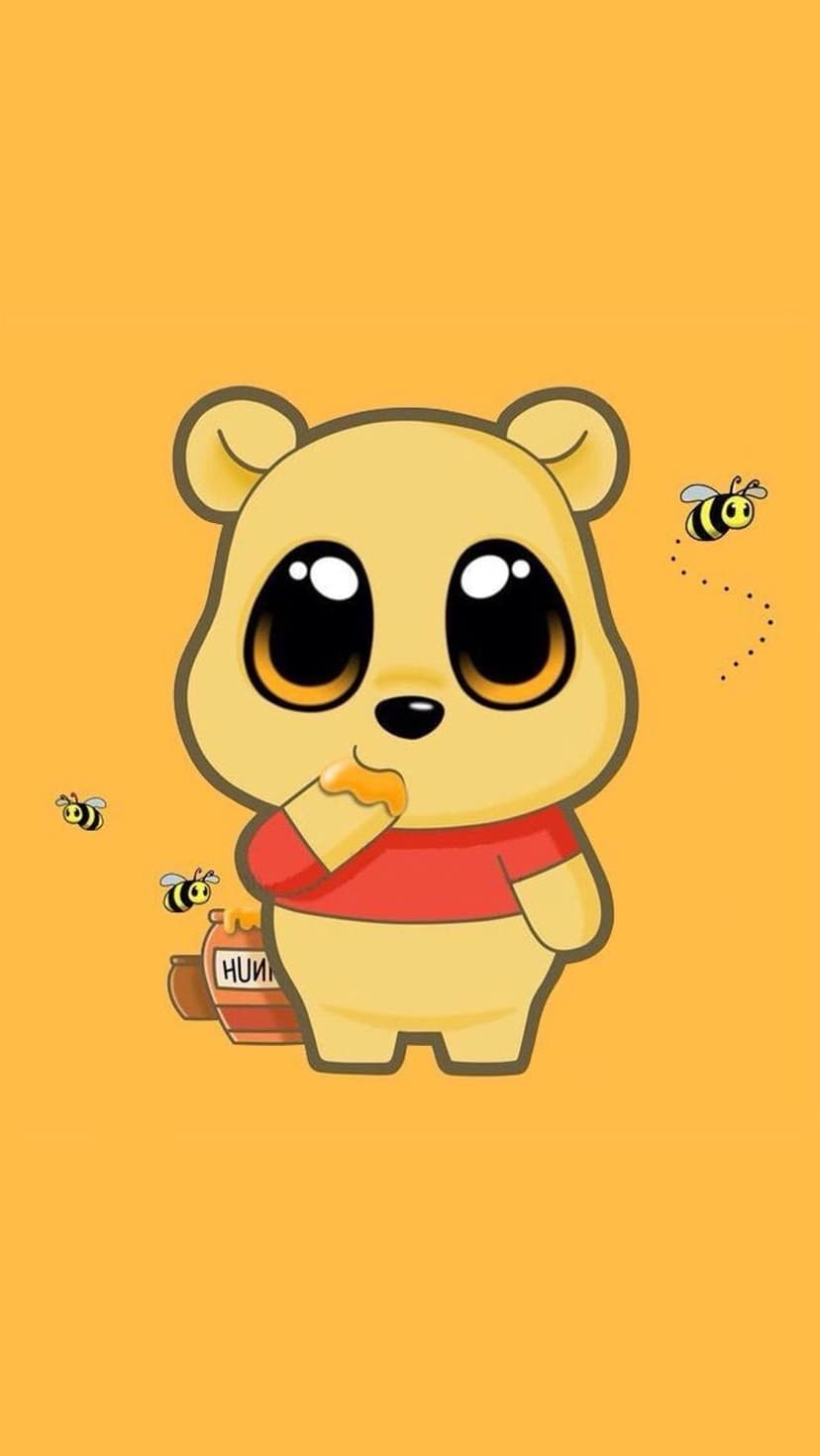 Yellow bear with large eyes and honey on his finger sits near a honey pot and two bees on an orange background.