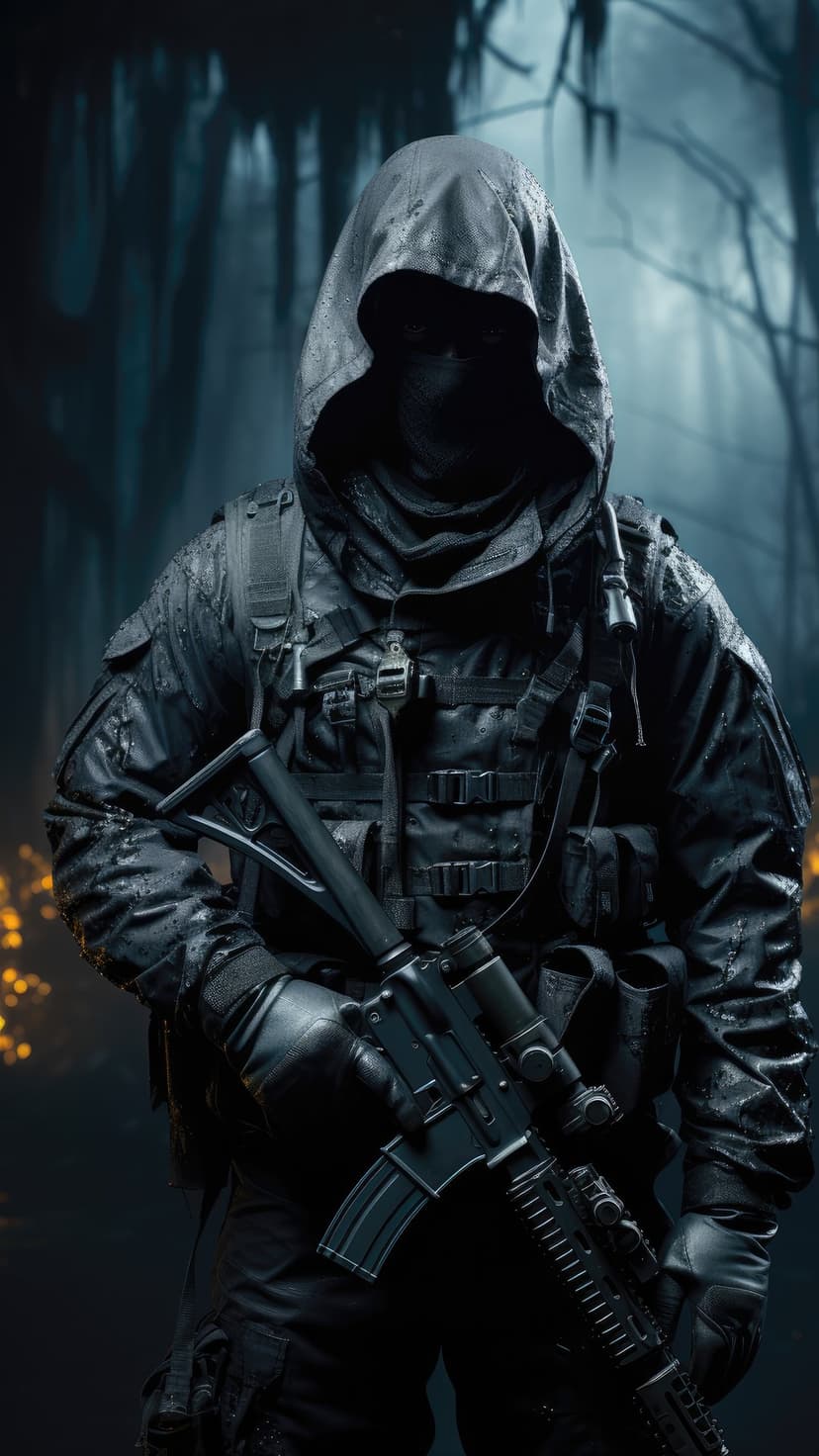 Hooded soldier in tactical gear holding a rifle while standing in a dark, misty forest during a rain shower.