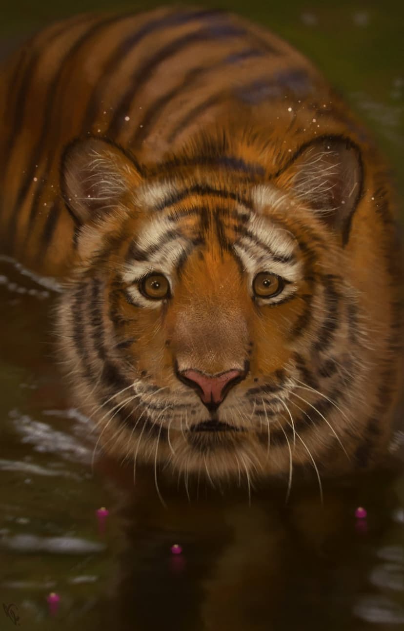 Tiger with amber eyes and black stripes emerges from green water surrounded by floating pink flower blossoms.