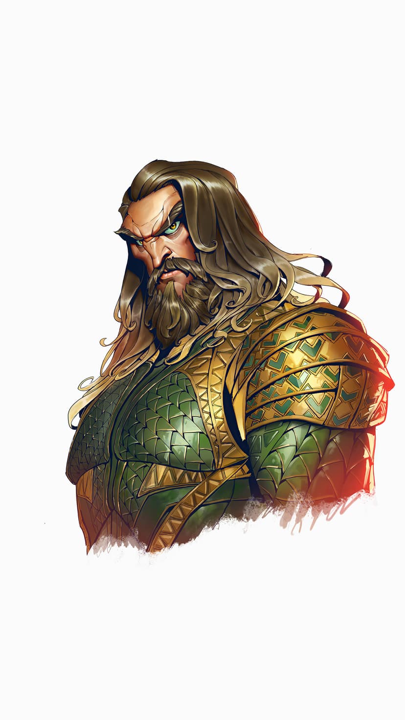 Aquaman with long hair and a beard wears green and gold scale armor while looking forward with a serious gaze.