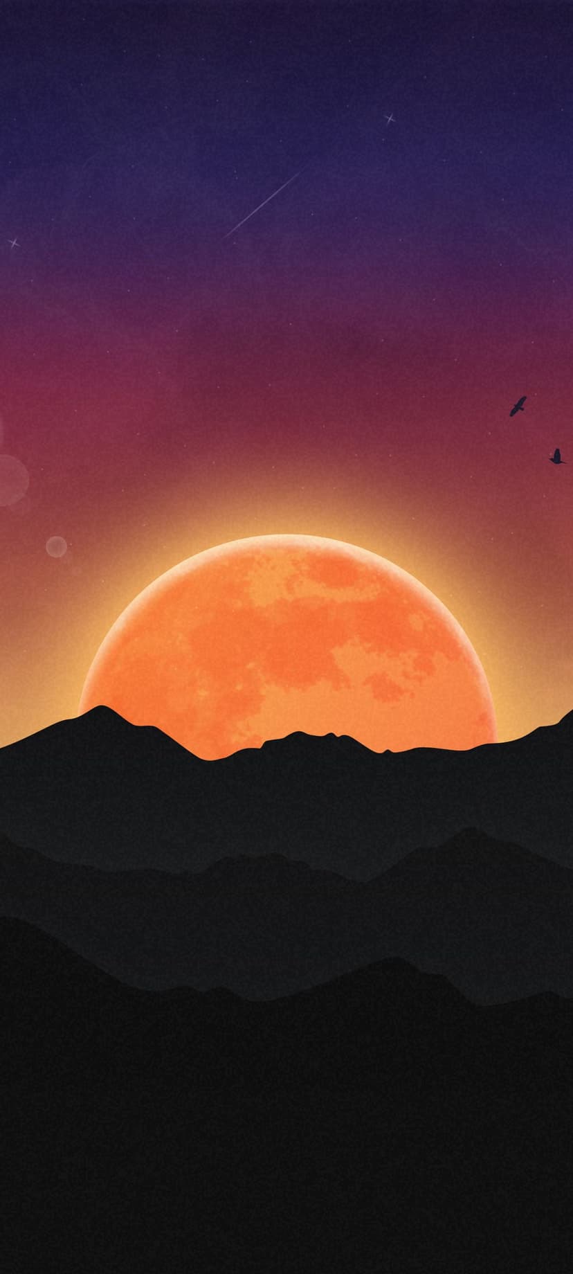 Dark mountain silhouettes rest under a large orange sun and purple sky with a shooting star and two birds.