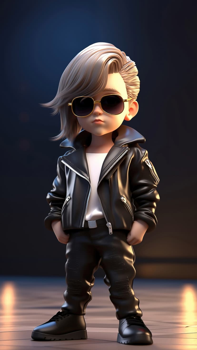 Stylish cartoon boy wearing a black leather jacket and dark sunglasses against a moody dark background.