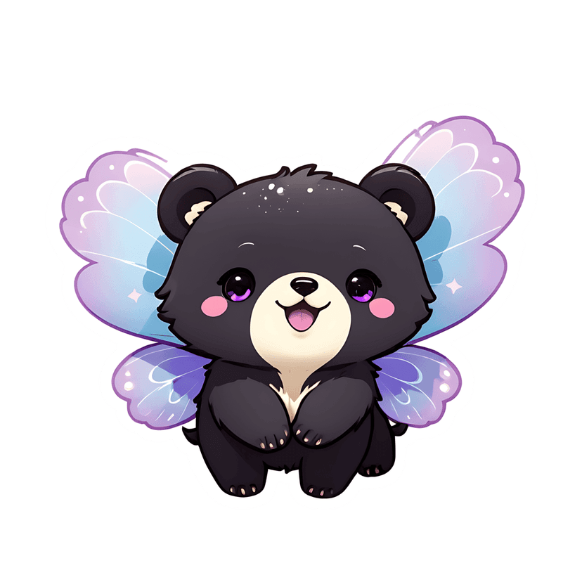 Black bear sticker illustration with iridescent wings, purple eyes, and a white outline in a front seated pose.