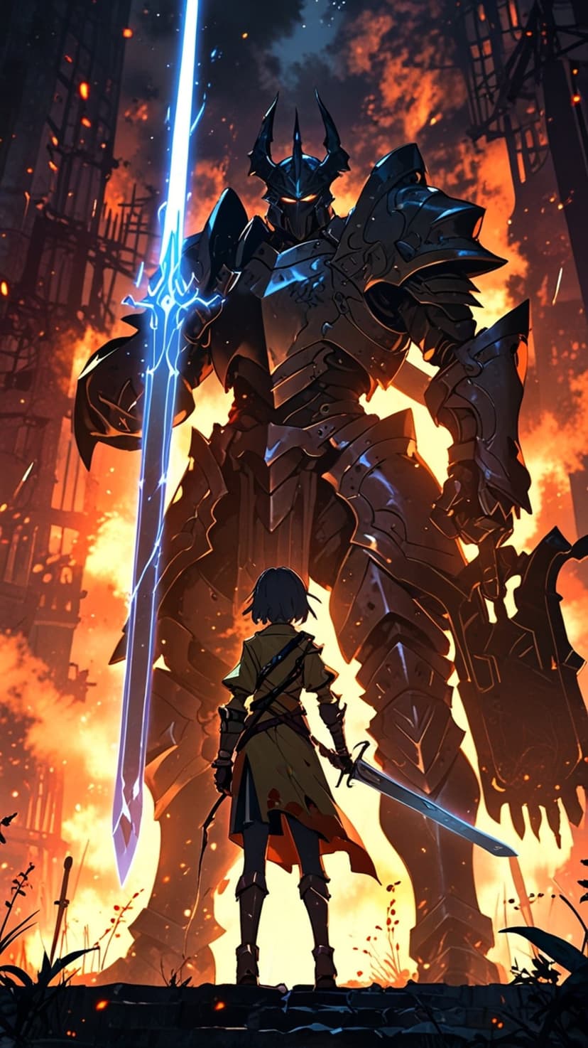 Towering armored giant with a glowing blade confronts a tiny warrior amidst a burning city's ruins and embers.
