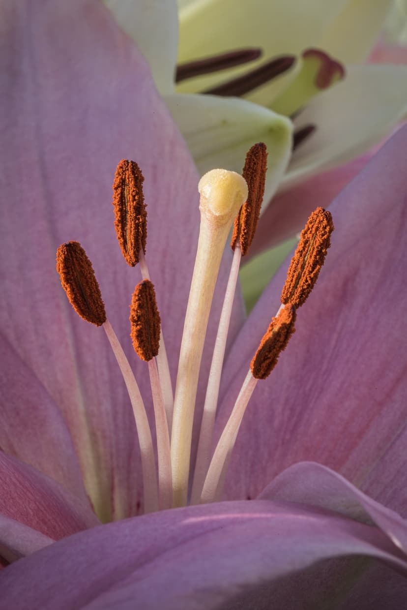 Orange anthers covered in pollen at the center of a pink lily with soft bokeh petals in the background.