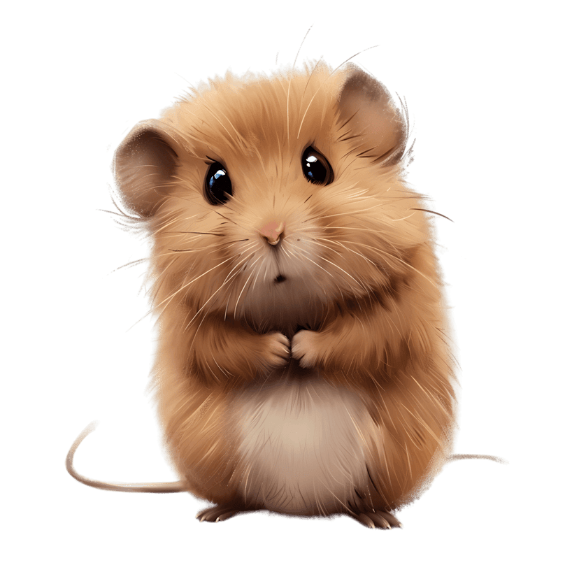 Fluffy light brown hamster illustration featuring large dark eyes and fine whiskers on a clear background.