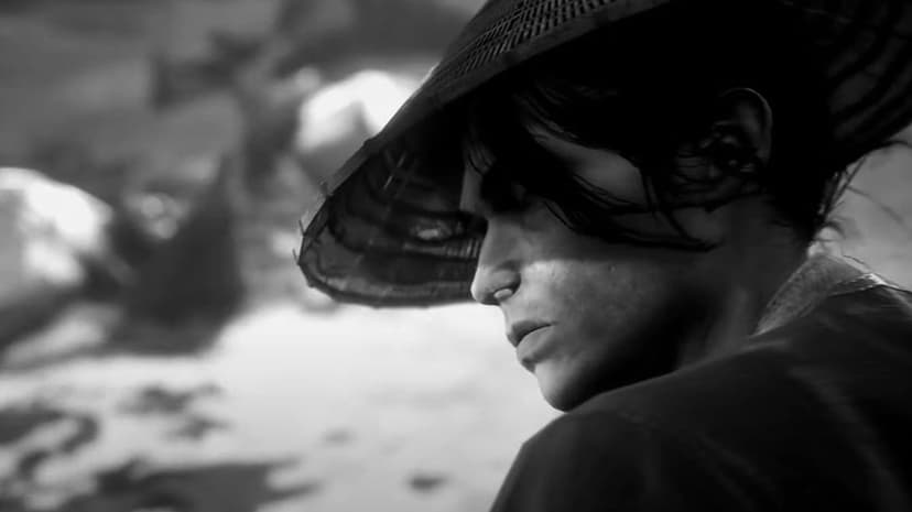 Samurai with a woven straw hat in a high-contrast black and white cinematic portrait with blurred background.