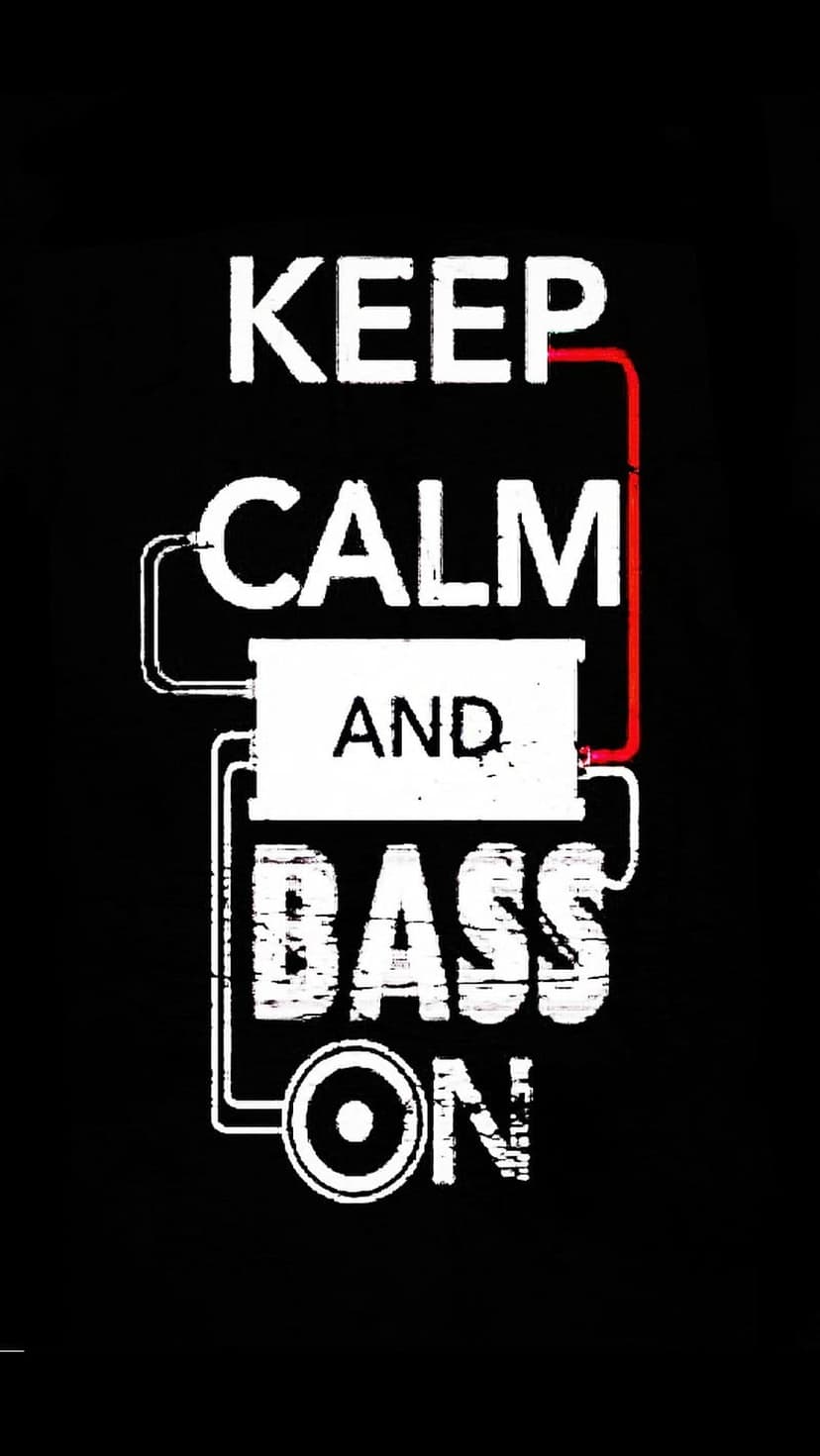 Distressed white Keep Calm and Bass On text on black background with a winding red audio cable graphic.