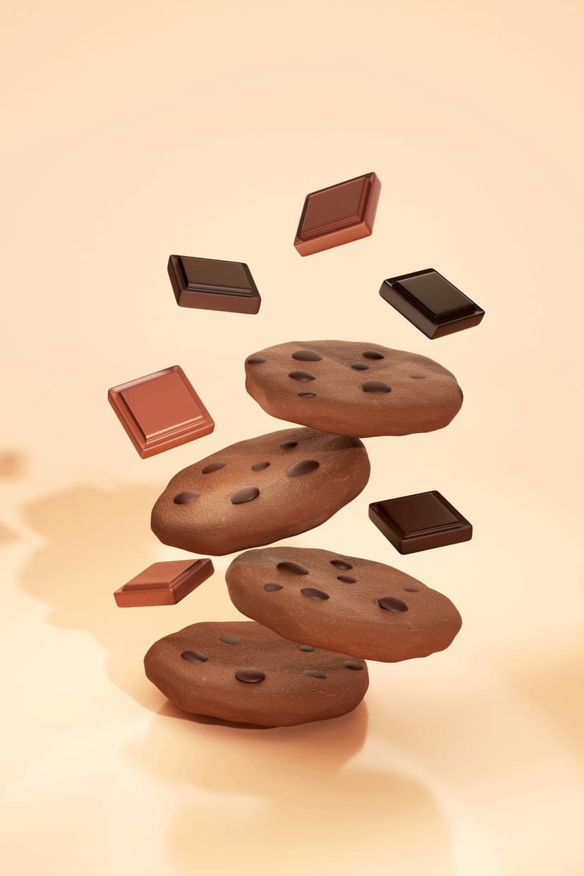 Chocolate chip cookies and dark chocolate chunks fall against a soft gradient background in a vertical view.