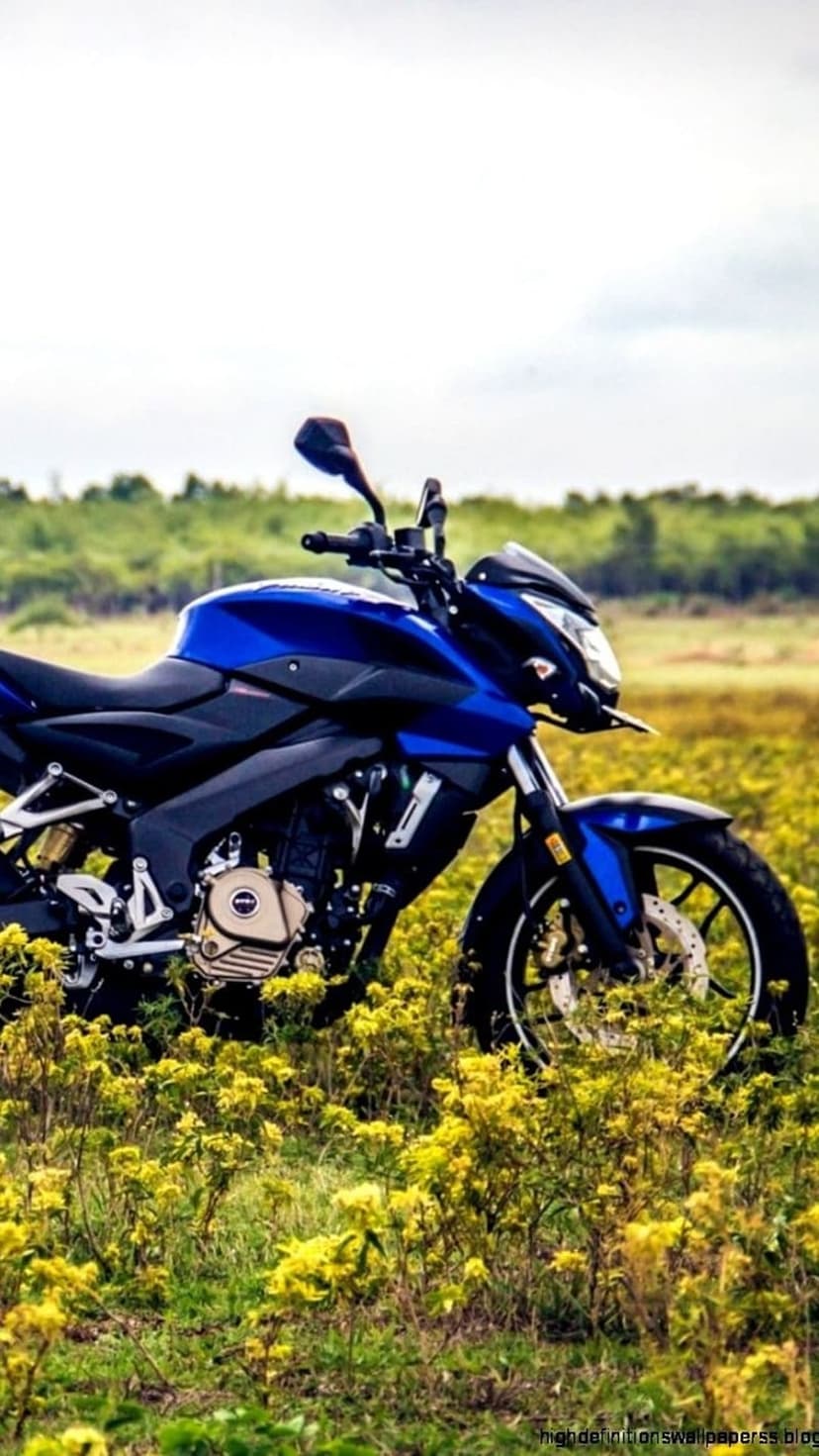 Blue sport motorcycle parked in a dense field of small yellow wildflowers under a soft, cloudy overcast sky.