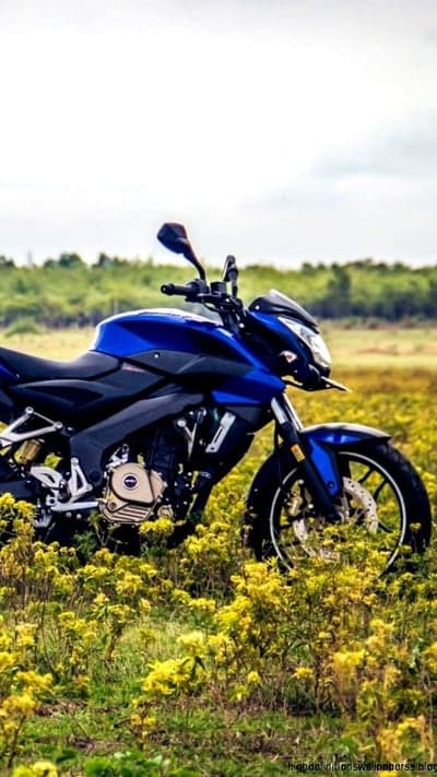 Blue sport motorcycle parked in a field of yellow flowers