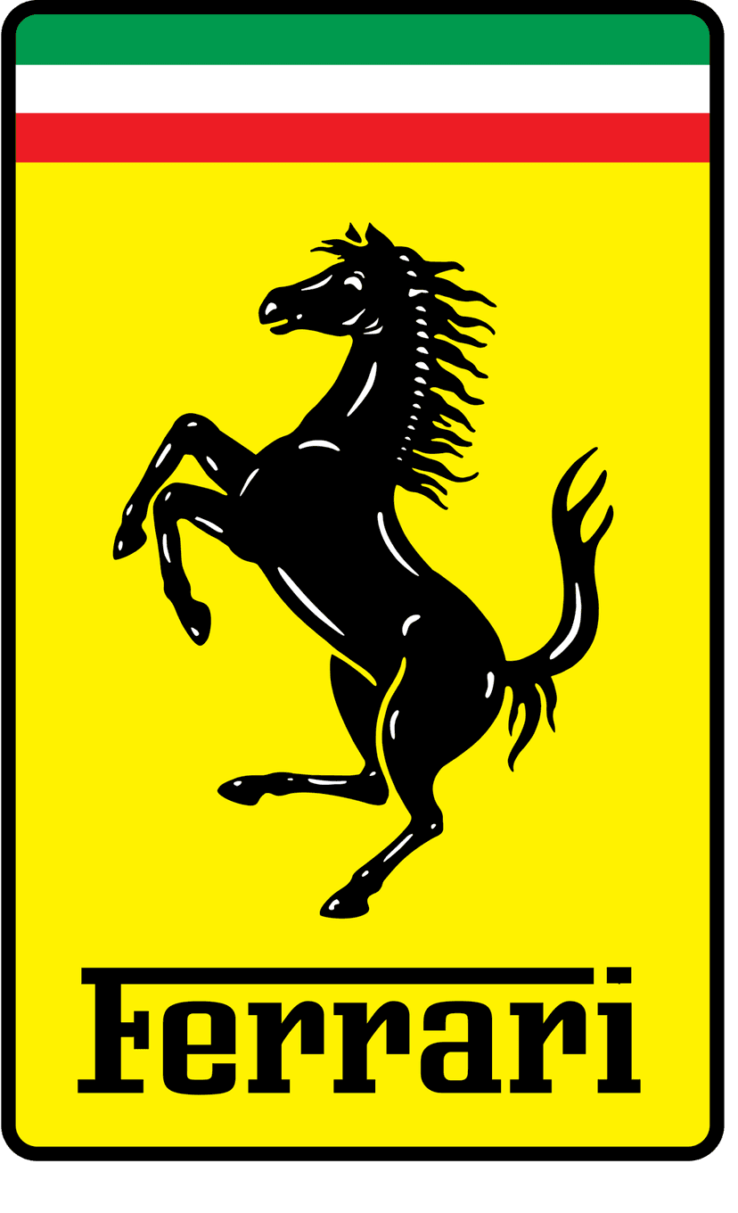 Ferrari logo emblem displays a black rearing horse on a canary yellow shield with Italian flag colors on top.