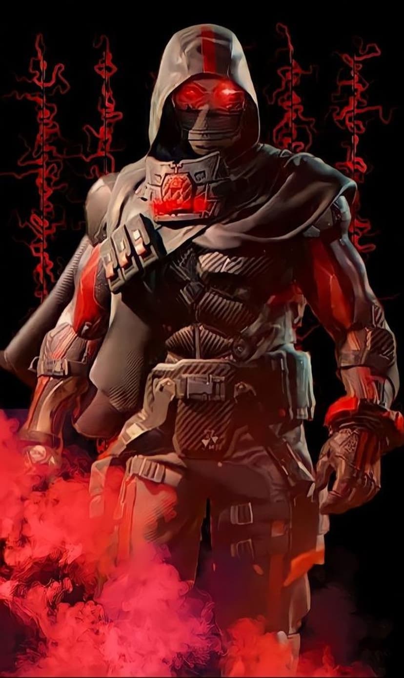 Tactical soldier with a hooded mask and glowing red visors stands surrounded by dense red smoke and shadows.