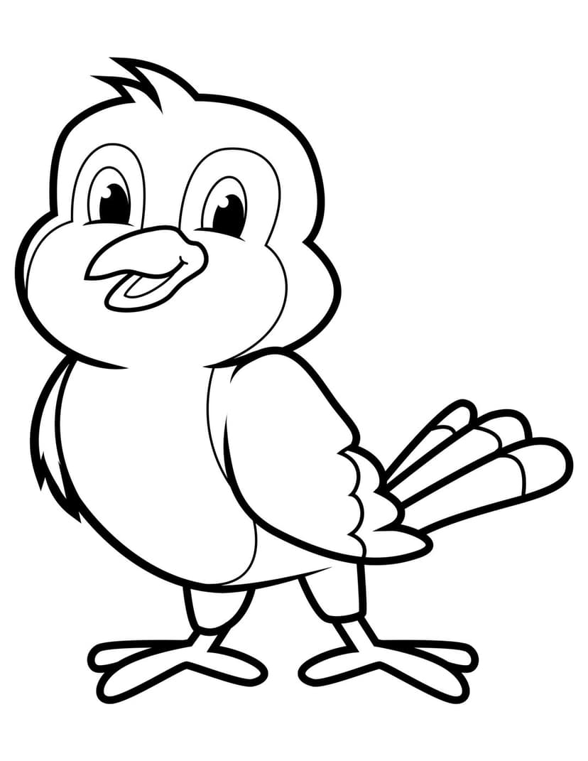 Bird coloring page outline featuring large eyes and fluffy feathers standing in a balanced frontal pose.