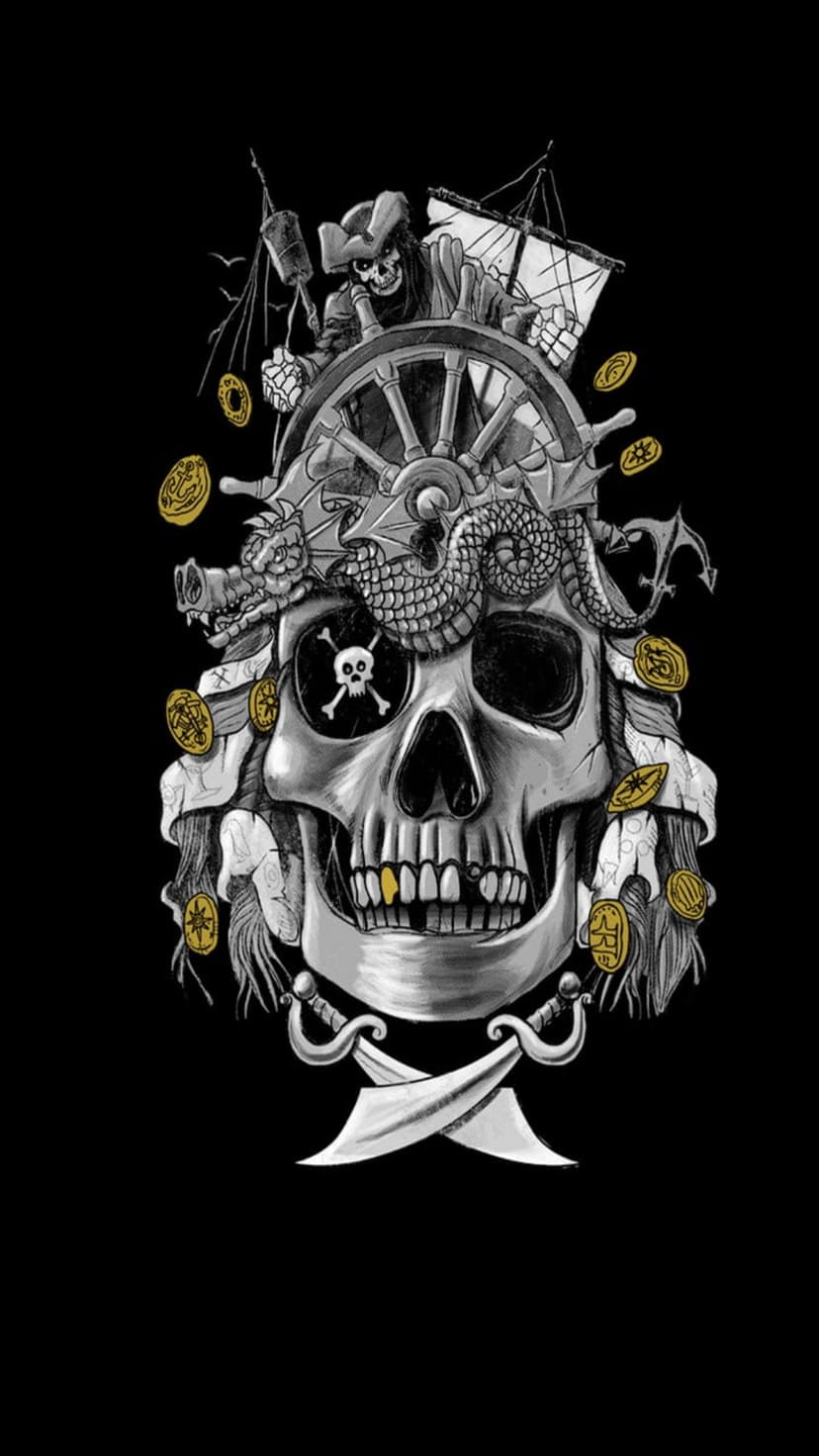 Grayscale pirate skull featuring a dragon, sailing ship, and gold doubloons with crossed cutlasses behind it.
