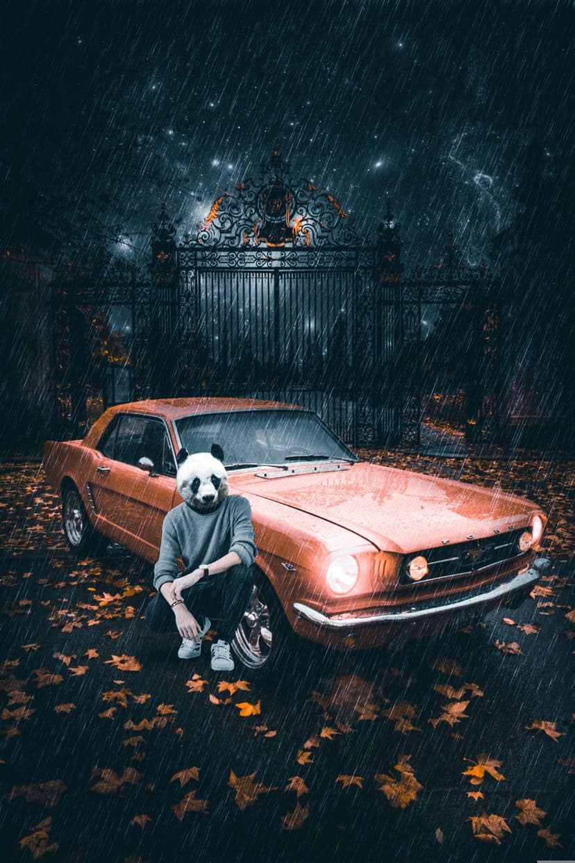 Panda-masked person crouching by a vintage orange car on a rainy night near an ornate gate with fallen leaves.