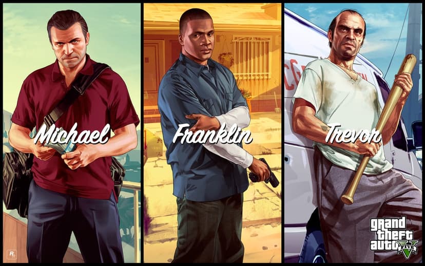 Michael, Franklin, and Trevor from GTA V in a triple-panel landscape layout with weapons and cash.