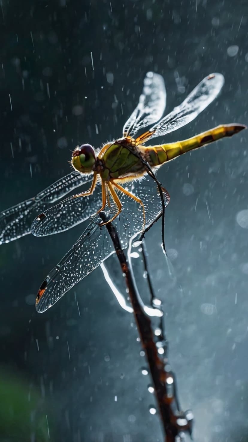 Yellow dragonfly with water droplets on its wings sits on a dark branch in the rain against a green bokeh backdrop.