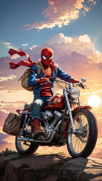 Spider-Man Riding Motorbike at Golden Hour Phone Background