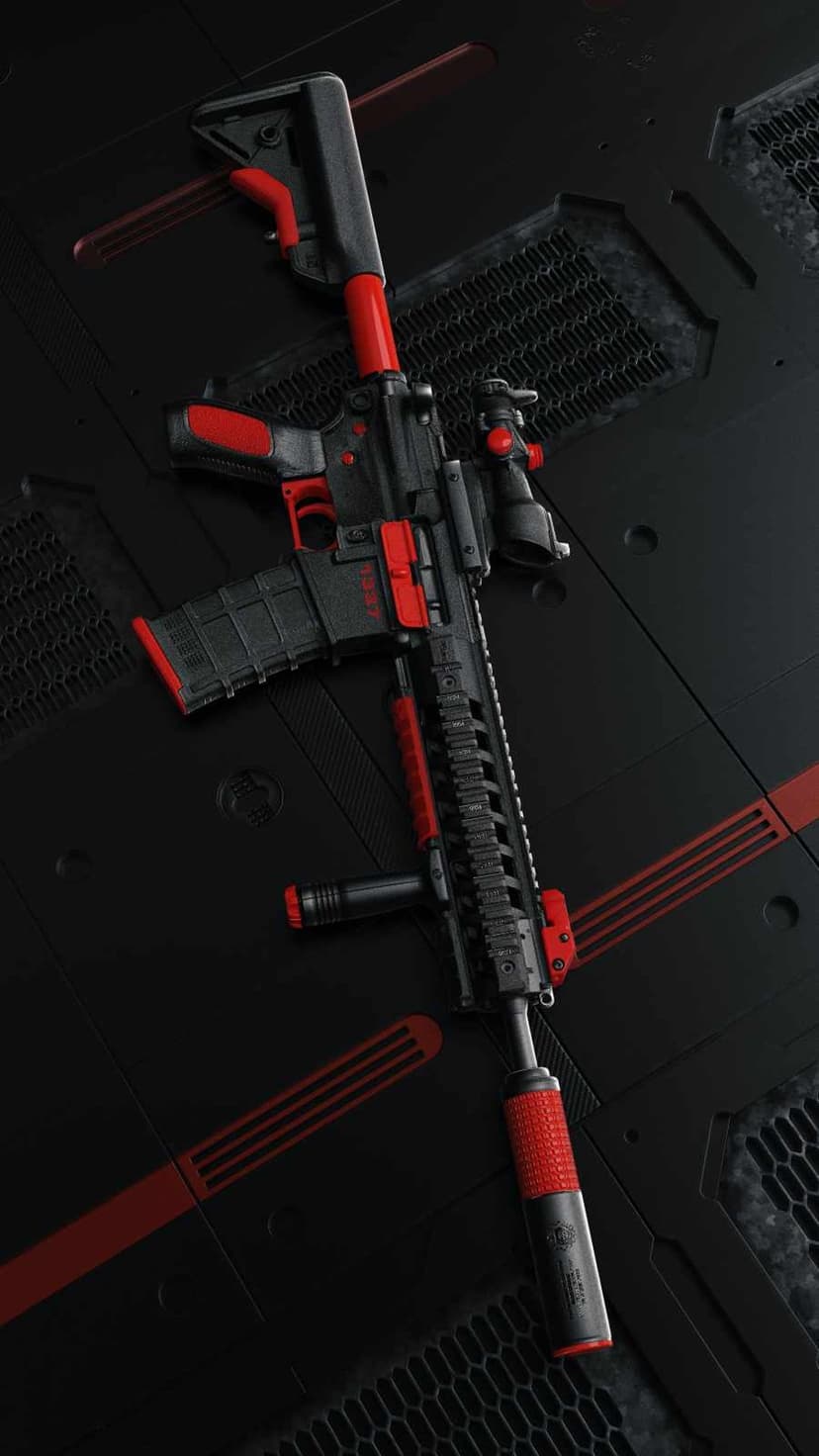 AR-15 rifle with matte black finish and crimson highlights on the stock and grip against a dark textured surface.