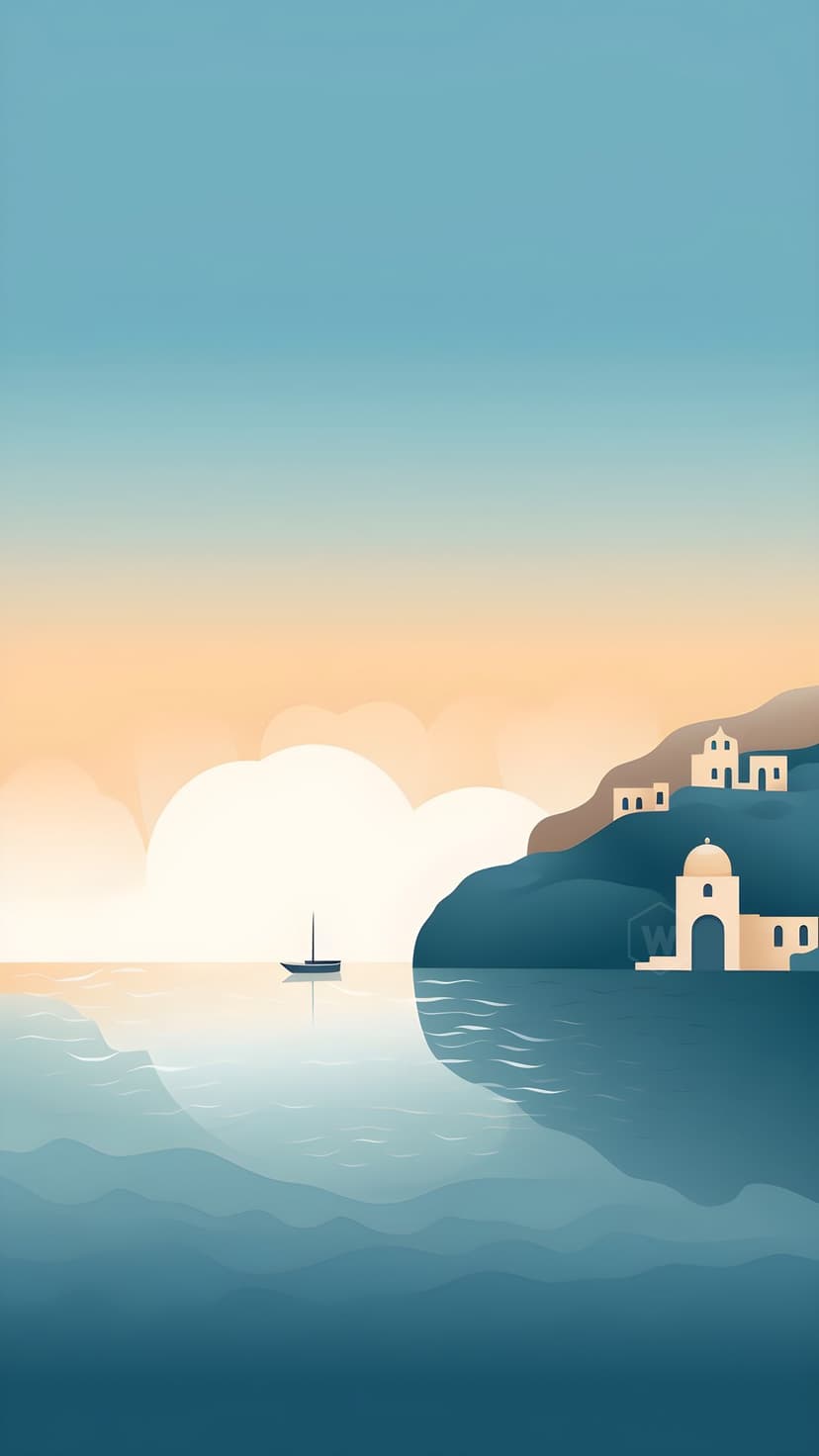 White domed buildings sit on a blue hillside above a calm sea with a lone sailboat under an orange sunset sky.