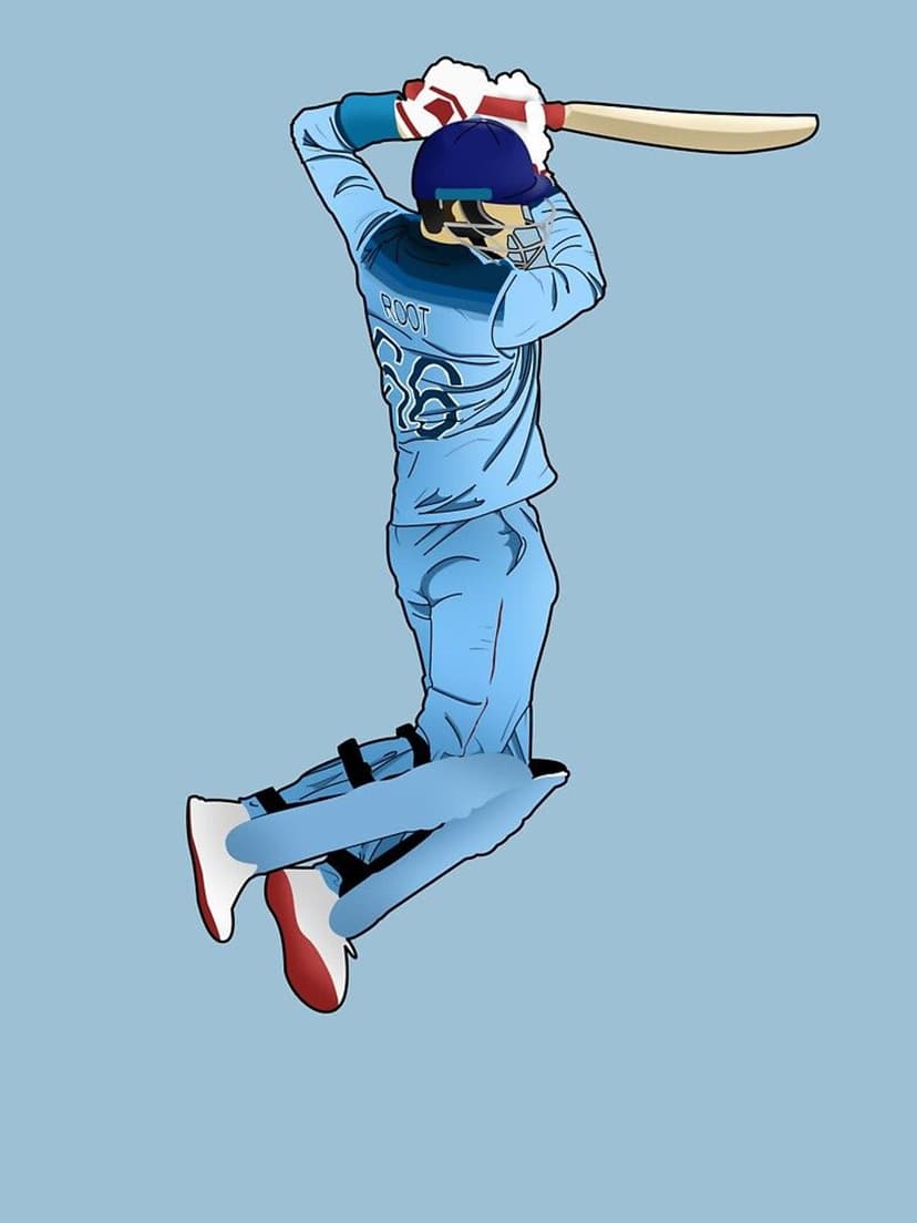 Cricket player with Root 66 on a blue jersey leaps to swing a bat against a solid light blue background.