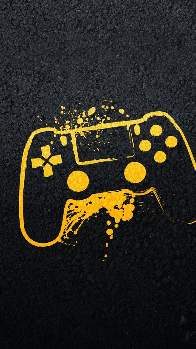 Yellow gaming controller silhouette with paint splatters on dark textured asphalt for mobile backgrounds.