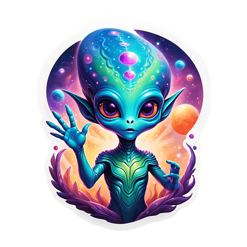Blue alien sticker with purple eyes sits before a purple nebula and orange plants under a starlit sky.
