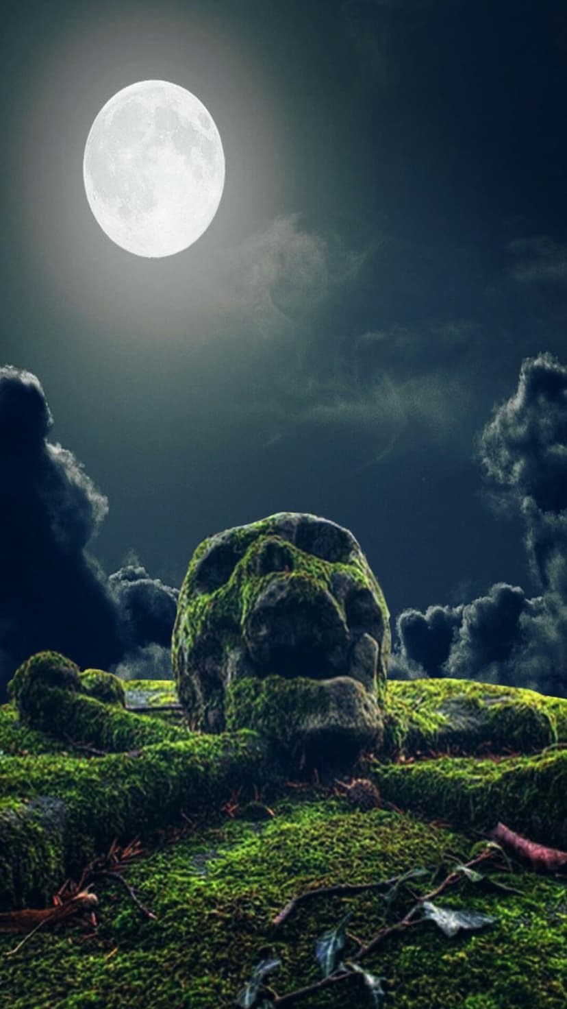 Skull-shaped rock covered in green moss under a bright full moon and cloudy night sky with dramatic shadows.