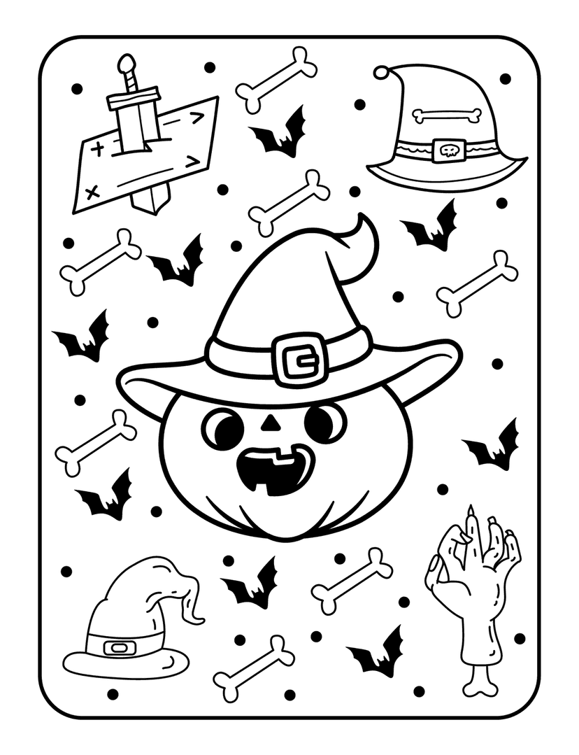 Halloween pumpkin coloring page featuring a witch hat, several bats, and bones in a black outline vector style.