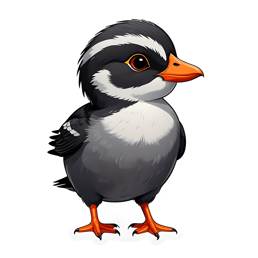 Baby chick illustration featuring black and white feathers, a bright orange beak, and a glossy die-cut outline.