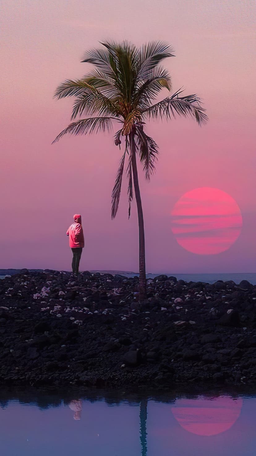Solitary figure and palm tree silhouette against a massive pink sun reflecting on calm tropical ocean waters.