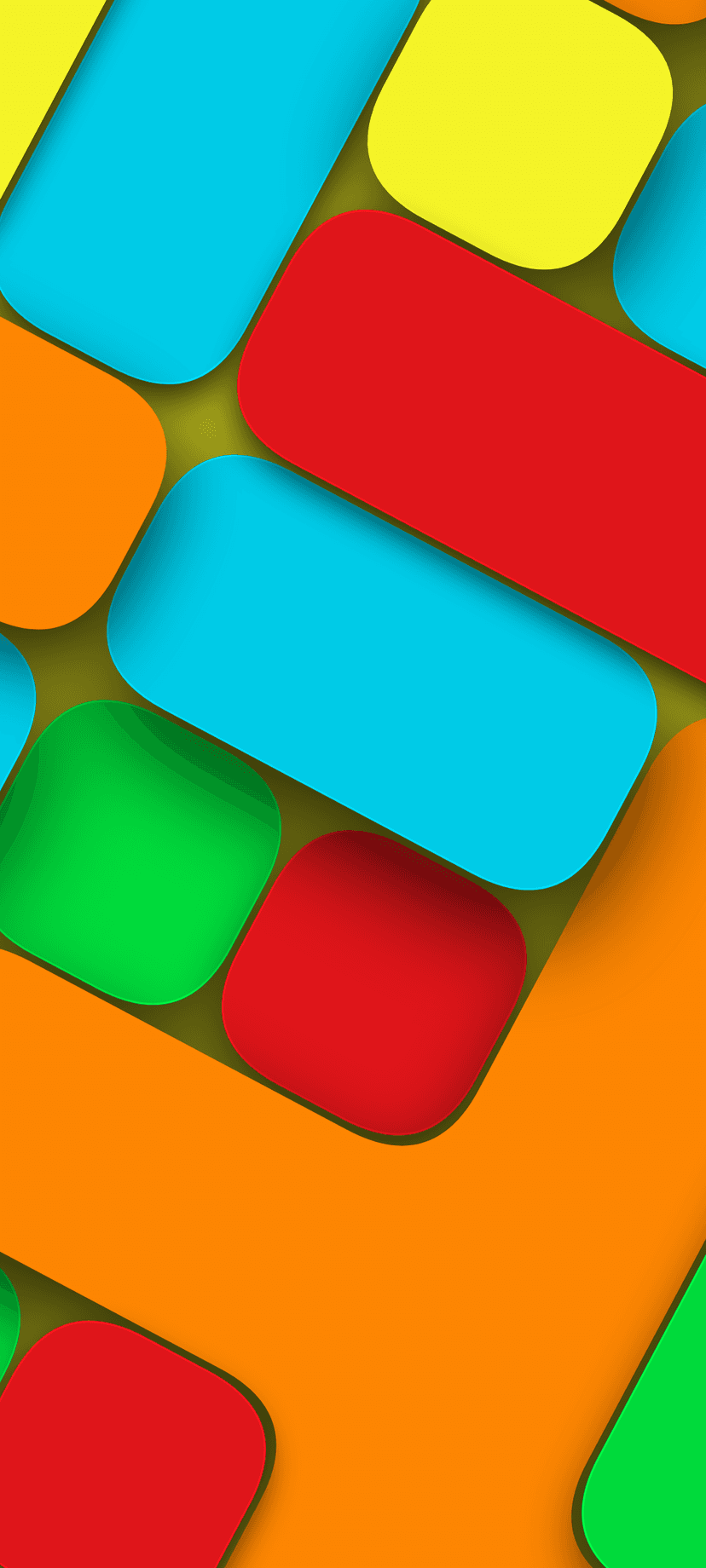 Overlapping rounded rectangles in yellow, red, and cyan cast soft shadows to create a layered geometric pattern.