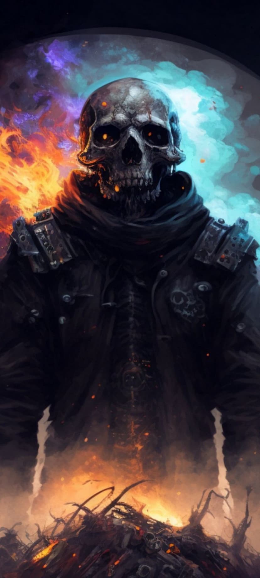 Skeletal warrior in dark armor stands amidst orange flames and a blue cosmic nebula with glowing embers.