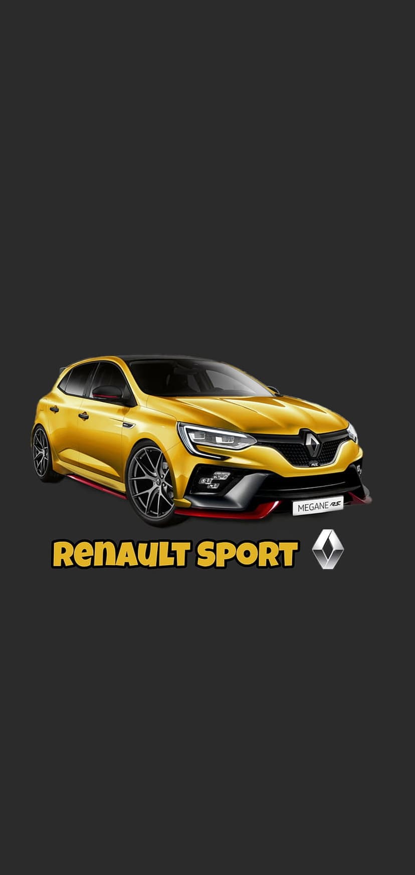 Bright yellow Renault Megane RS sport car featuring a black grille and logo centered on a dark matte background.