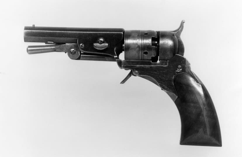Colt Paterson revolver side profile with a wooden grip and metal cylinder shown in high-contrast black and white.
