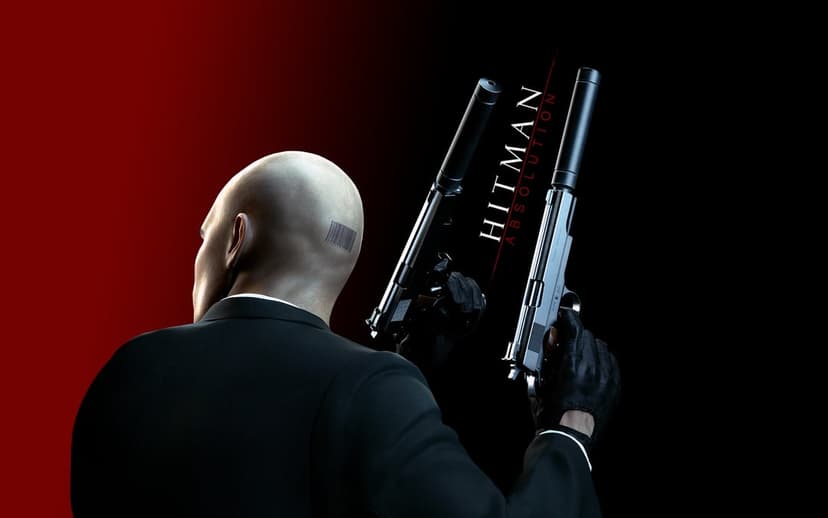 Agent 47 holds two silenced pistols against a red and black backdrop, showing the barcode on his bald head.